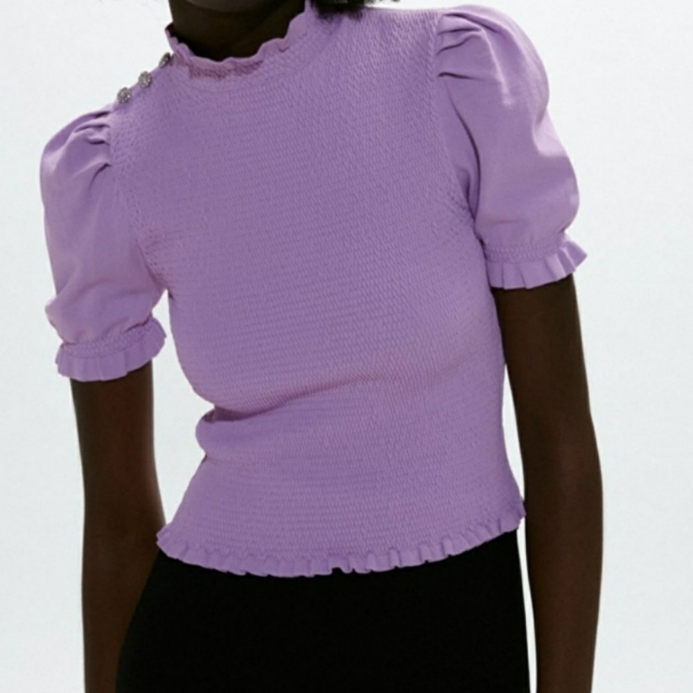 Zara Elastic Trim Puff Sleeve Knit Blouse - Picture 2 of 9